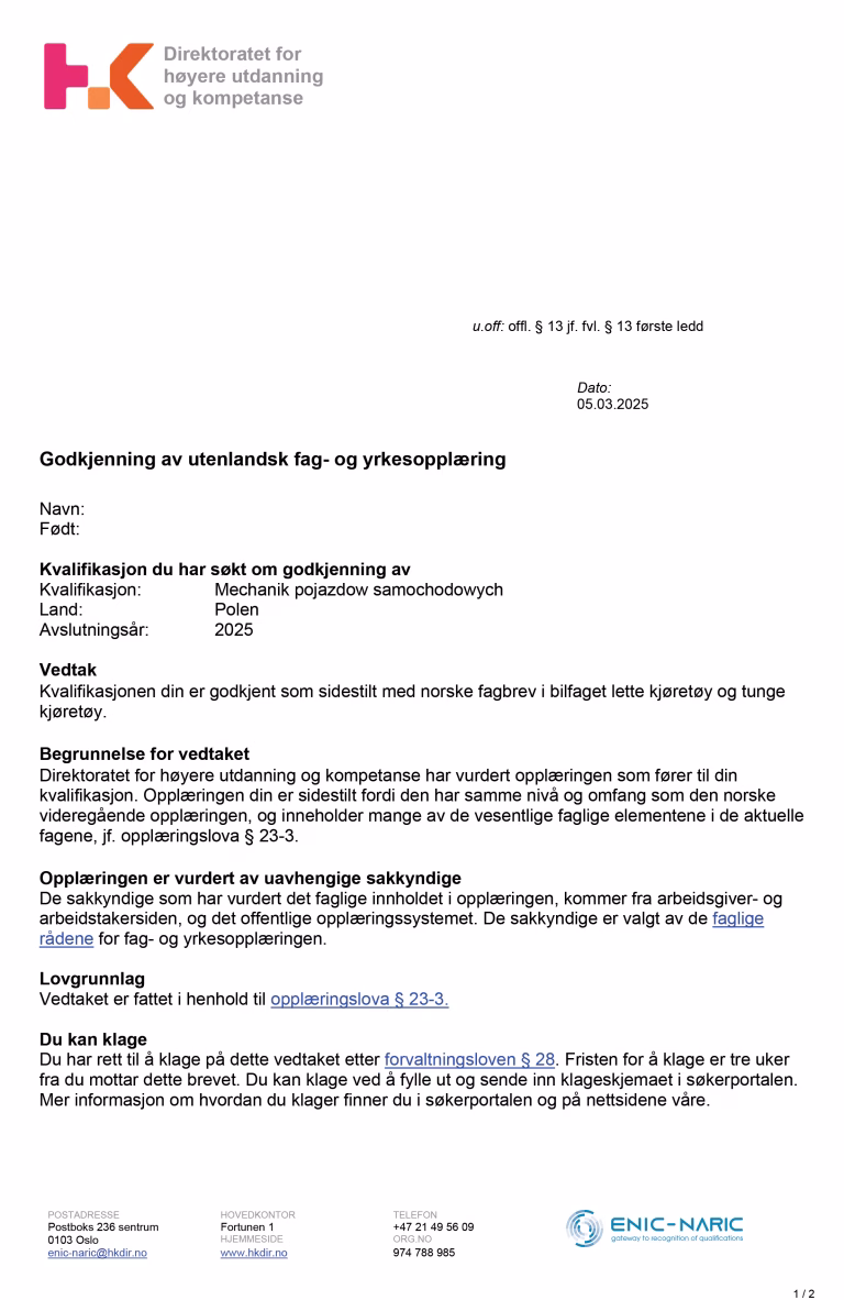 Mechanik samochodowy – Bilmekanikker 2 Mechanik Godkjent - D&A SPESIALISTENE AS