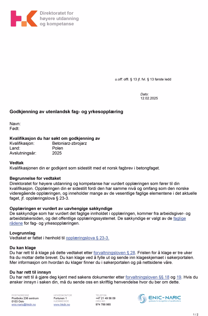 Zbrojarz-Betoniarz Godkjent